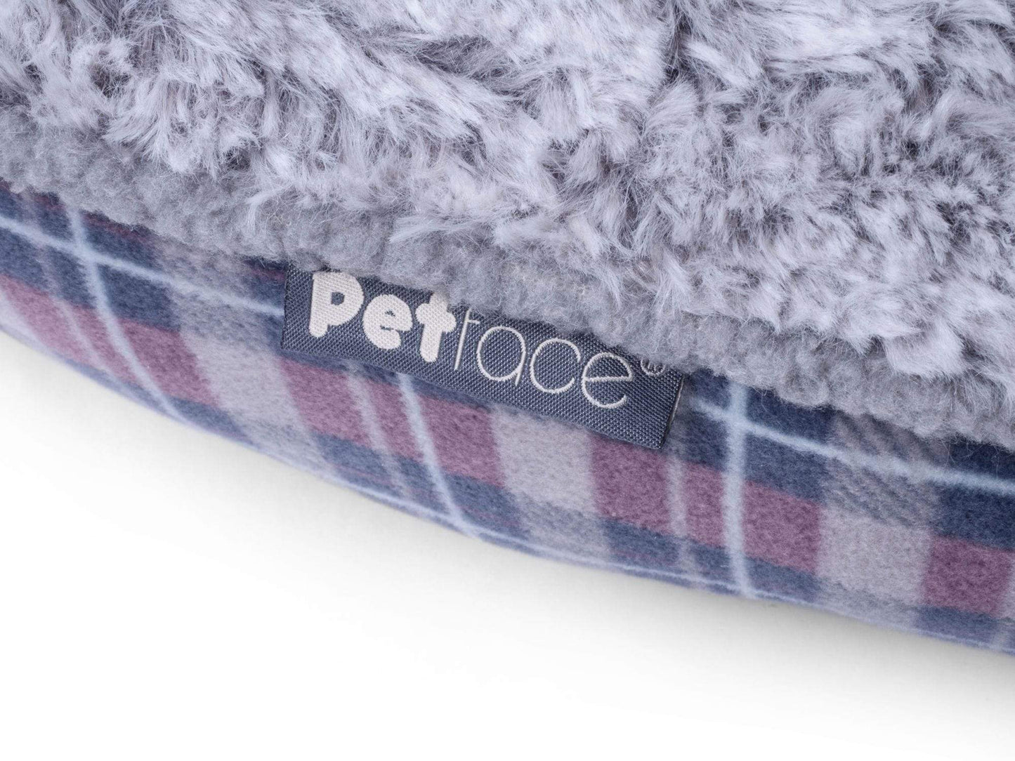 Petface Dove Grey Check Dog Bed Logo and Fleece Detail