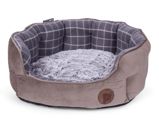  Petface dog bed with grey check & bamboo design and super soft fleece reversible cushion. 