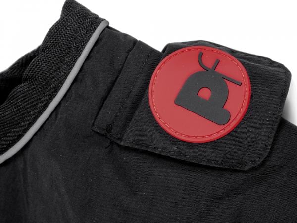 Petface Super Soft Water Resistant Dog Coat Black showing PF branded harness flap