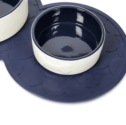 Petface Navy Blue Rubber Placemat with 2 Dog Bowls closeup
