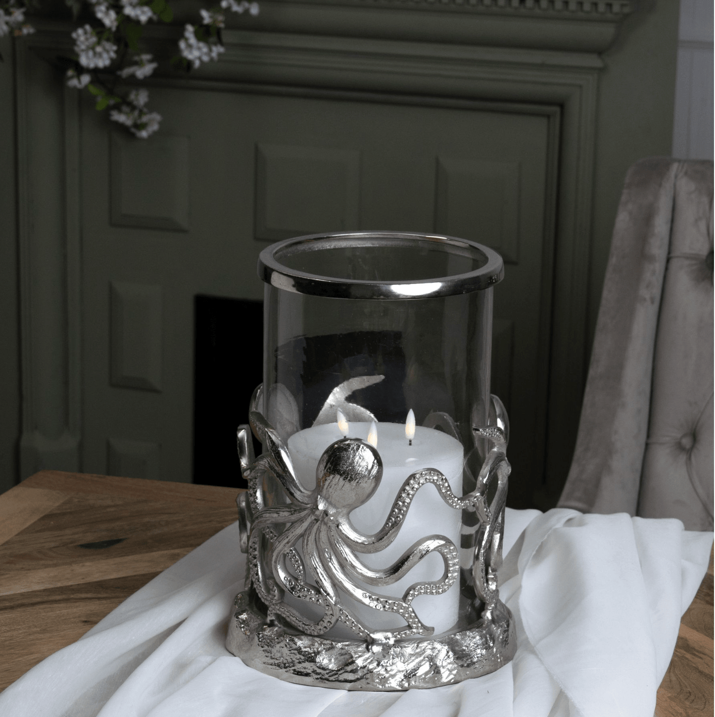 Silver Octopus Candle Hurricane Lantern